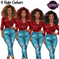 Black woman clipart with curly Afro hair in four colors wearing red leather jacket and ripped blue jeans, African American fashion PNG with transparent backgrounds