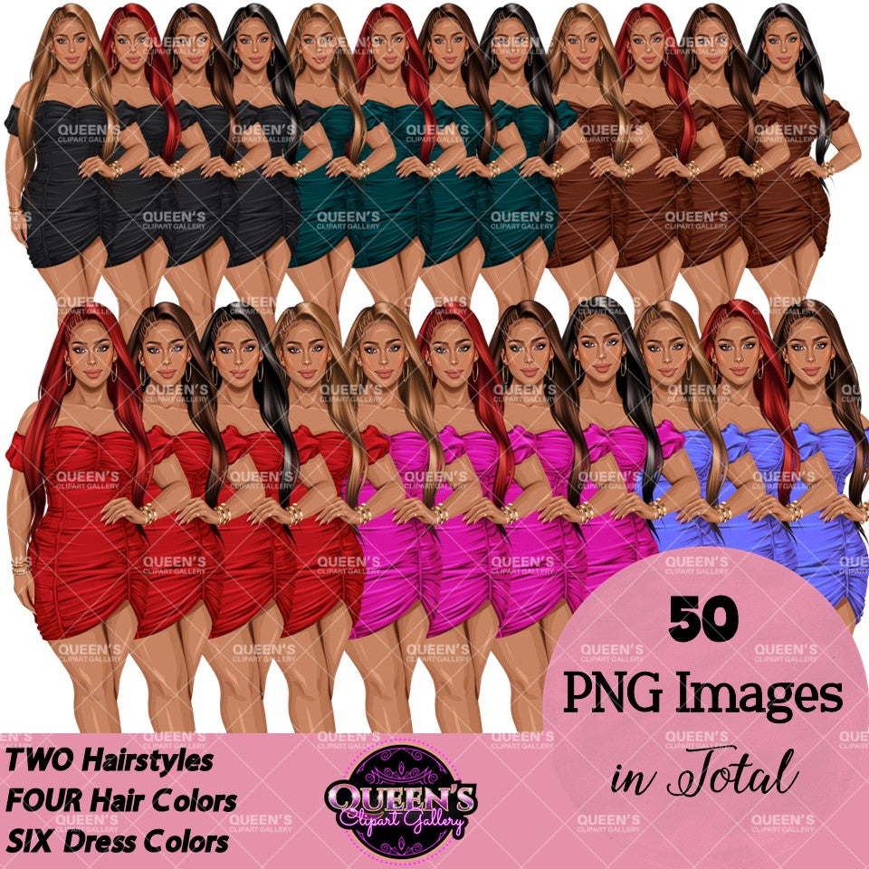 Stylish woman clipart featuring long straight hairstyles and colorful ruched mini dresses for digital and commercial use with transparent backgrounds.
