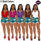 African American woman clipart with long braids wearing distressed denim shorts and red, pink, purple, brown and white sleeveless tops, fashion PNG with transparent backgrounds