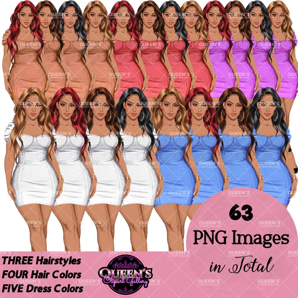 Dress clipart PNG collection featuring a fashionable woman in a fitted mini dress with multiple hairstyles, hair colors, dress color variations, and transparent backgrounds.