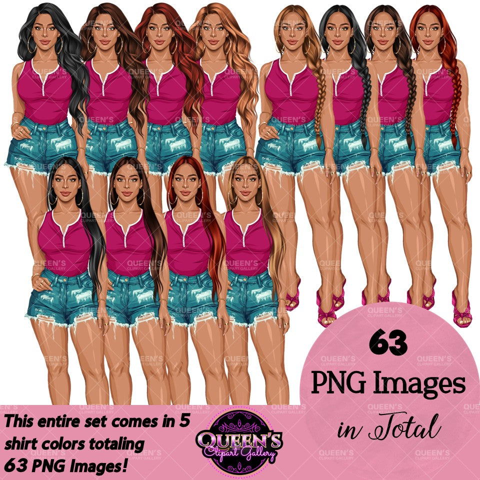 Stylish woman clipart wearing distressed jean shorts and sleeveless tops with different hairstyles and hair colors, casual fashion girl PNG images with transparent backgrounds
