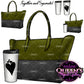 Green and black tote bag clipart with white travel coffee cup, featuring purse and coffee designs together and separately on transparent backgrounds.