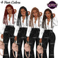 Black woman clipart with long braids in red, black, blonde and brown hair colors, white blouse, black wide leg pants and handbag.