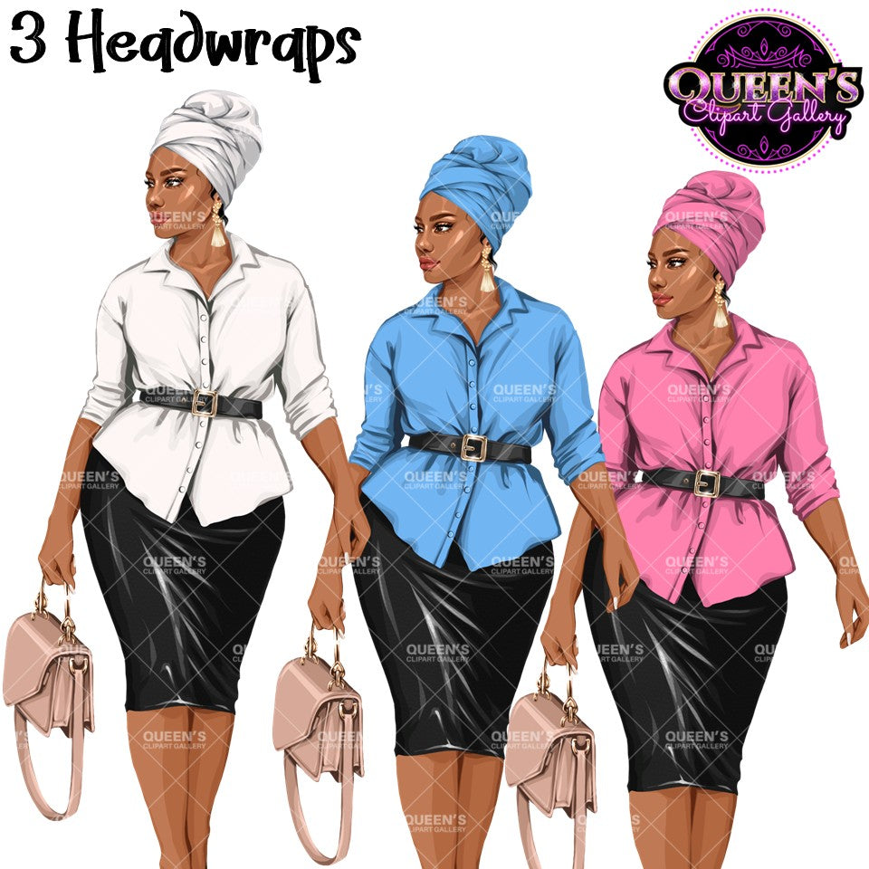 Black woman headwrap clipart PNG featuring a curvy professional woman in business attire with three headwrap color options and transparent backgrounds.