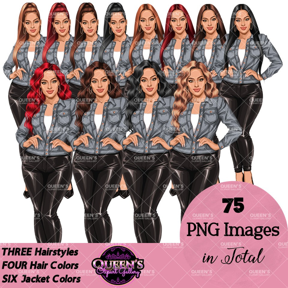 Digital clipart  featuring a stylized woman in a  button-up jacket and black pants.  Fashion woman clipart PNG featuring a stylish woman wearing a casual jacket with 3 hairstyles, 4 hair colors, 6 jacket color variations, and transparent background.