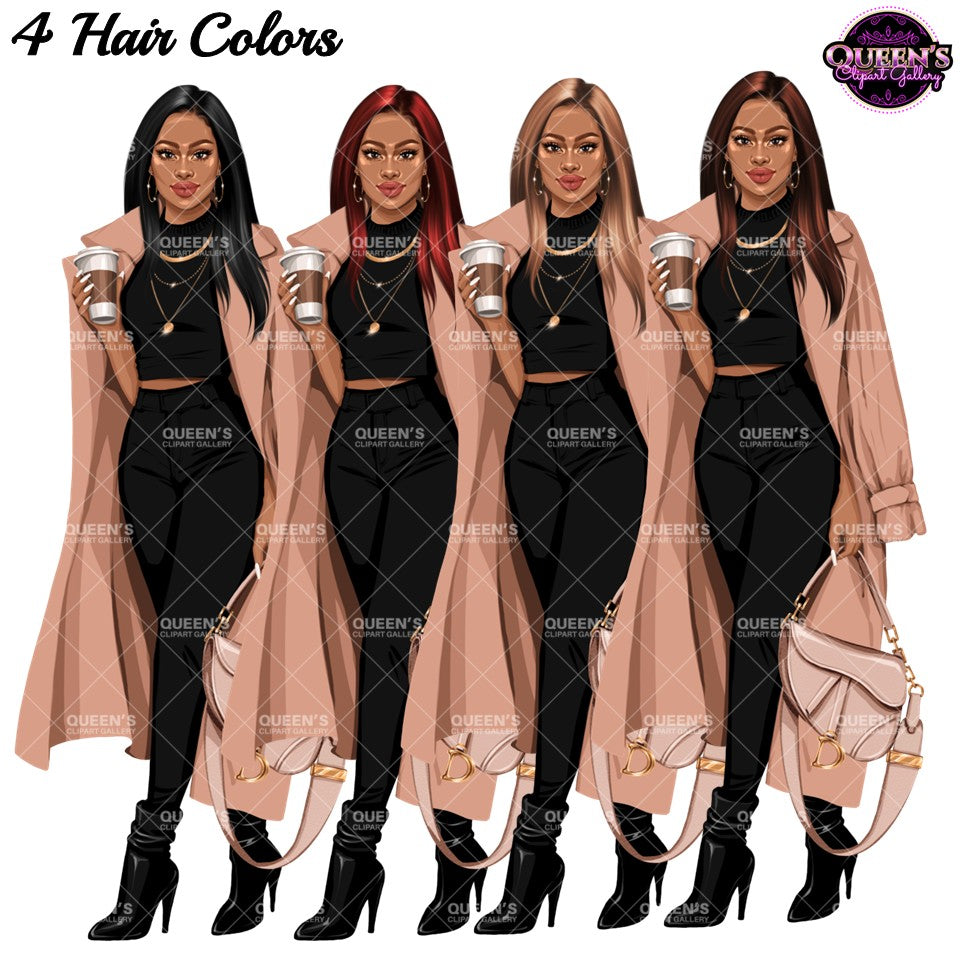 Afro Woman | Fashion Woman Clipart | Fashion Woman Clipart | Coffee Woman PNG | Trench Coat Girl Clipart | Coffee Illustration