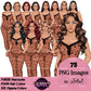 Non-African American white pajama girl clipart PNG featuring a stylish woman in heart print brown sleepwear with multiple hairstyles, hair colors, pajama color variations, and transparent background. Woman clipart PNG, modern female illustration for planners, websites, educational resources, and commercial use.
