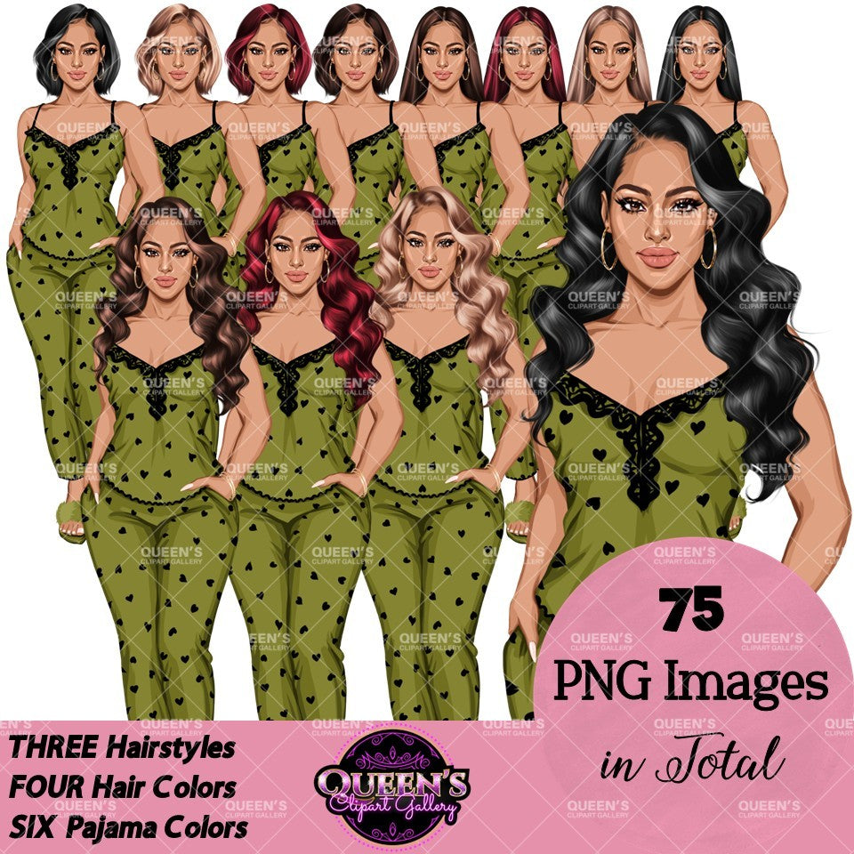 Non-African American white pajama girl clipart PNG featuring a stylish woman in heart print green sleepwear with multiple hairstyles, hair colors, pajama color variations, and transparent background. Woman clipart PNG, modern female illustration for planners, websites, educational resources, and commercial use.