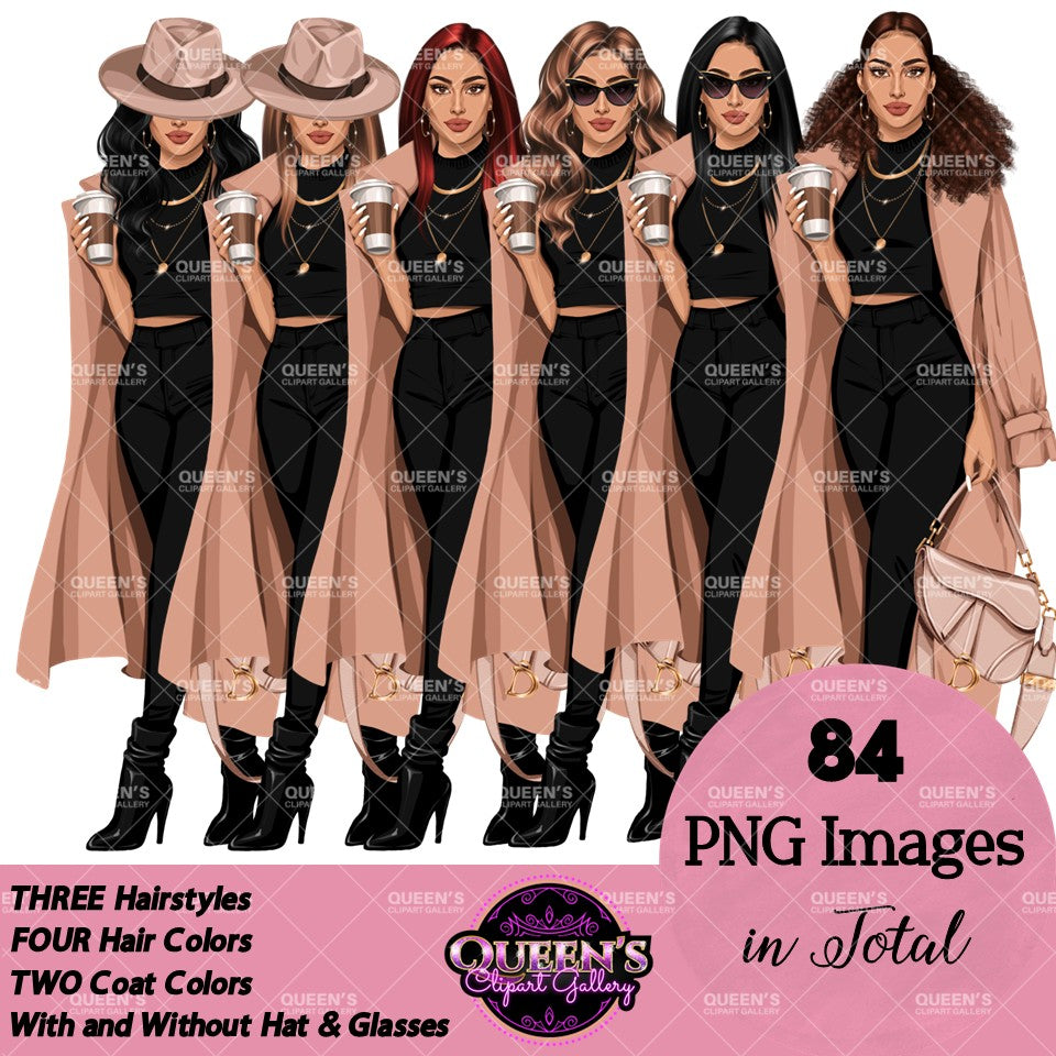 Woman Clipart | Fashion Woman Clipart | Fashion Woman Clipart | Coffee Woman PNG | Trench Coat Girl Clipart | Coffee Illustration