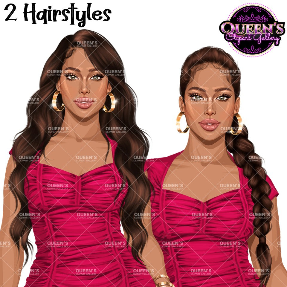 Fashion girl clipart featuring an elegant woman in a fitted pink dress with long wavy hair and a side braid hairstyle.