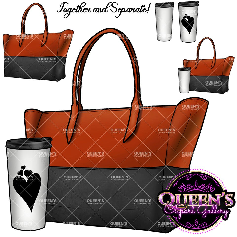 Orange and black tote bag clipart with white travel coffee cup, featuring handbag and coffee designs together and separately on transparent backgrounds.