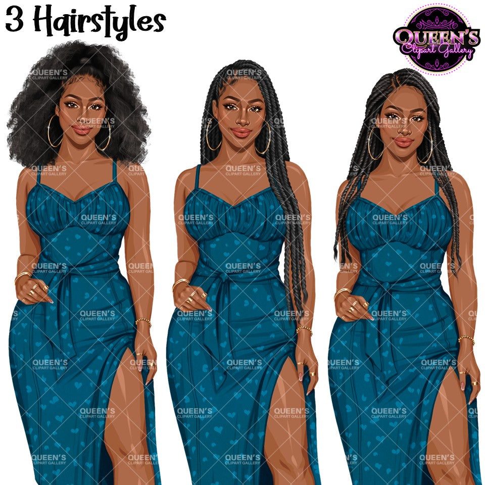 Black woman clipart wearing a blue heart print midi dress featuring afro, long twist and braided hairstyles, PNG images with transparent backgrounds