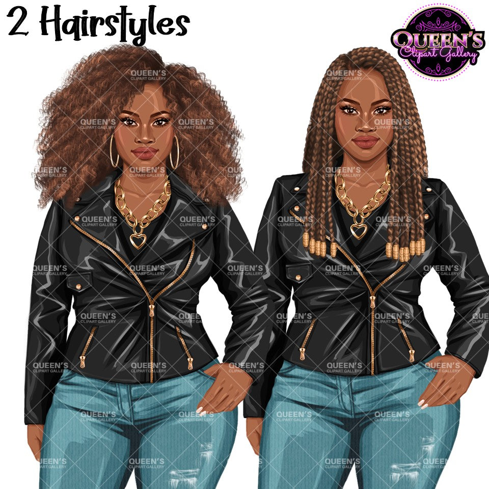 Curvy Black woman clipart featuring curly Afro and braided hairstyles, leather jacket fashion PNG with transparent background.
