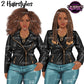 Curvy Black woman clipart featuring curly Afro and braided hairstyles, leather jacket fashion PNG with transparent background.