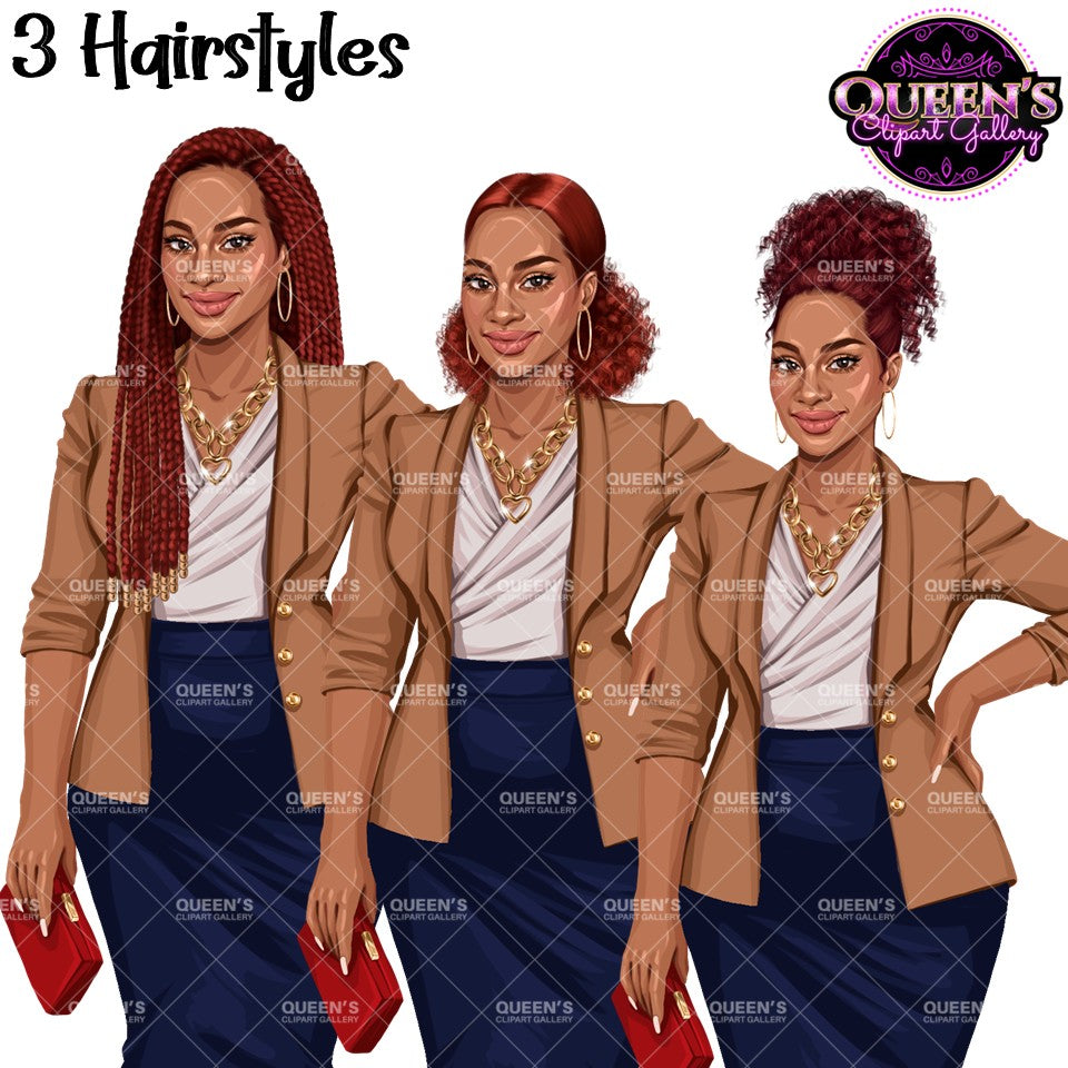 Black business woman clipart with braids, curly ponytail and natural updo hairstyles, PNG with transparent backgrounds.