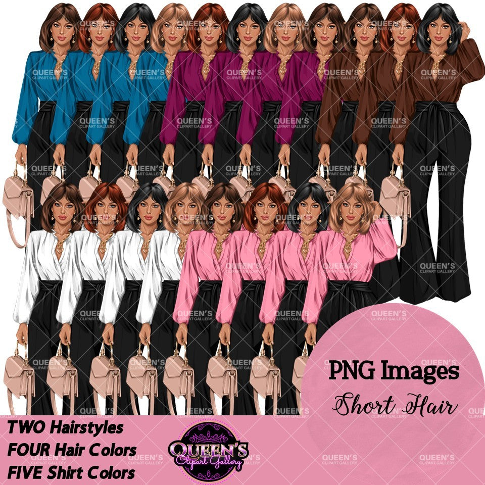 Professional woman clipart with short bob hairstyles, colorful blouses, black wide-leg pants and handbags, boss lady PNG images.