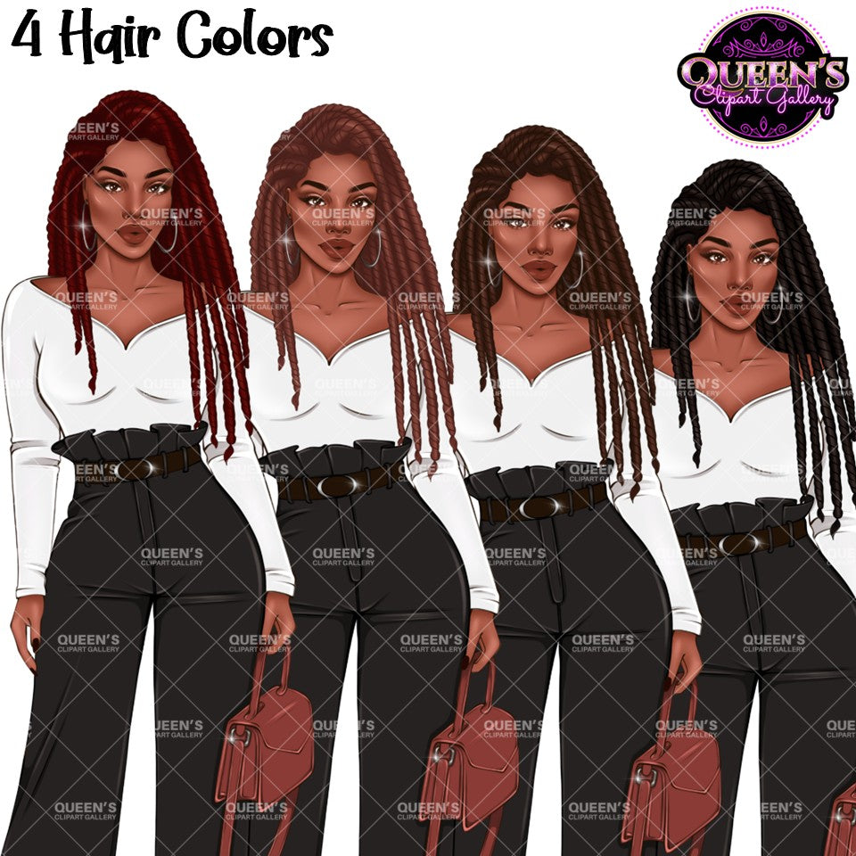 Black woman clipart featuring long braids in black, brown, auburn, and red hair colors with white tops, black high waisted pants, and handbags