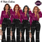 Boss lady clipart featuring professional woman with long brunette, red, black and auburn hair, magenta blouse, black pants and handbag.
