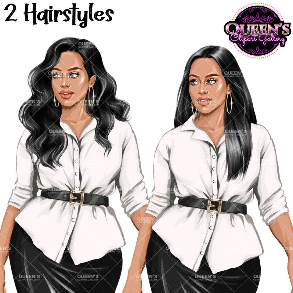Curvy professional woman clipart showing two hairstyles with black hair, white blouse, black pencil skirt and business attire.