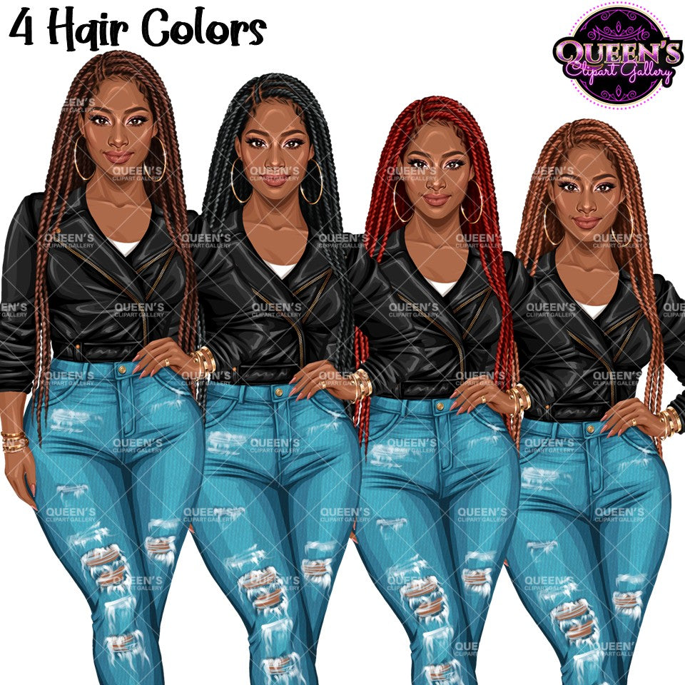 African American woman clipart with long braids in four hair colors wearing black leather jacket and ripped denim jeans, Black woman PNG with transparent backgrounds