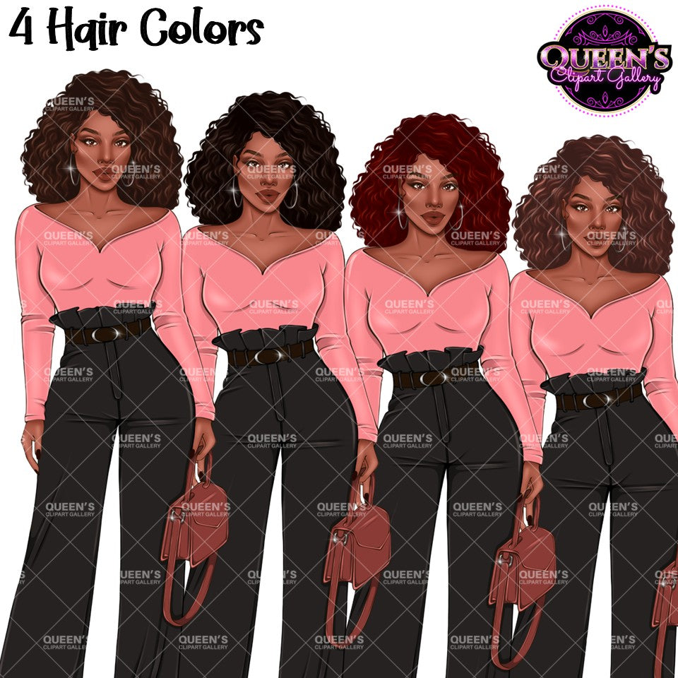 Black woman clipart featuring short curly Afro hairstyles in black, brown, auburn, and red hair colors with pink tops, black pants, and handbags