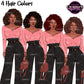 Black woman clipart featuring short curly Afro hairstyles in black, brown, auburn, and red hair colors with pink tops, black pants, and handbags