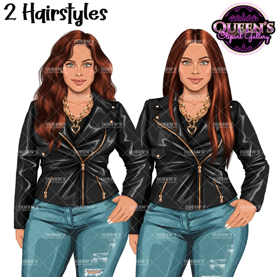 Plus size woman clipart featuring two hairstyles, long wavy and straight hair, black leather jacket, ripped jeans and fashion accessories with transparent backgrounds.