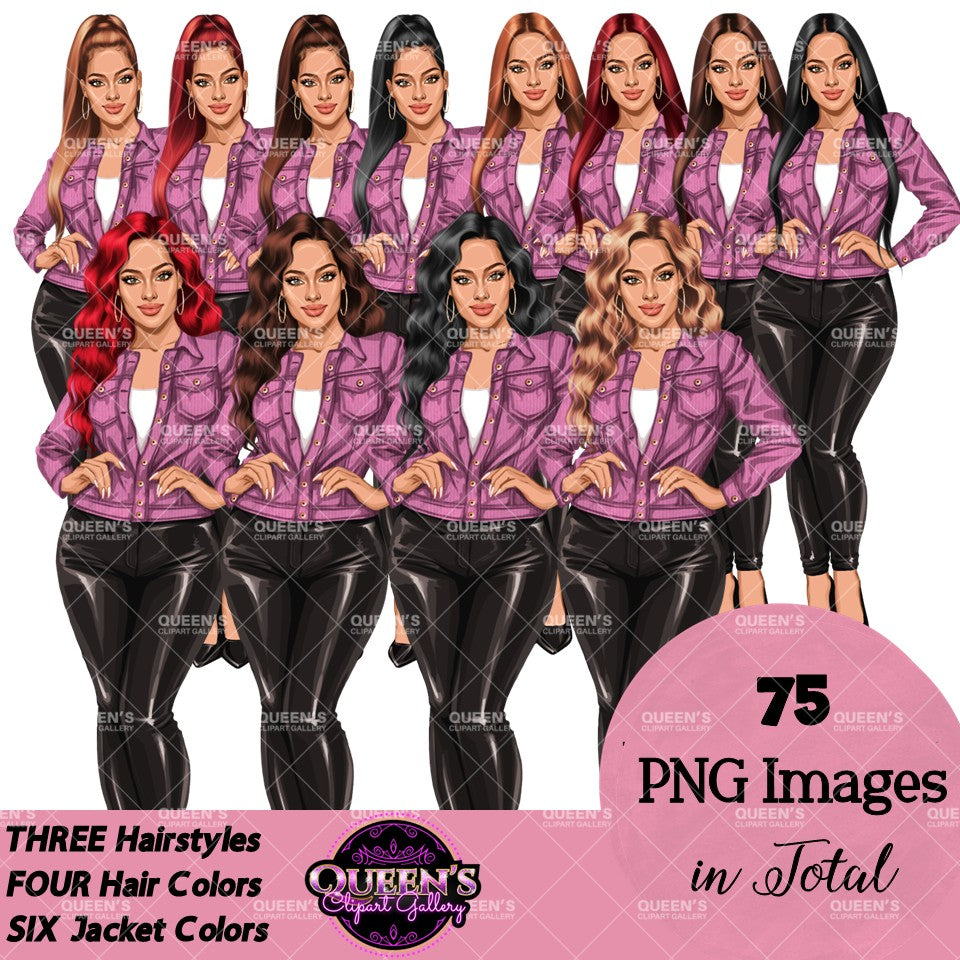 Digital clipart  featuring a stylized woman in a pink button-up jacket and black pants.  Fashion woman clipart PNG featuring a stylish woman wearing a casual jacket with 3 hairstyles, 4 hair colors, 6 jacket color variations, and transparent background.