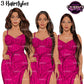 Fashion woman clipart wearing pink midi dresses with side slits, featuring long wavy hair, side braid and long straight hair, PNG images with transparent backgrounds