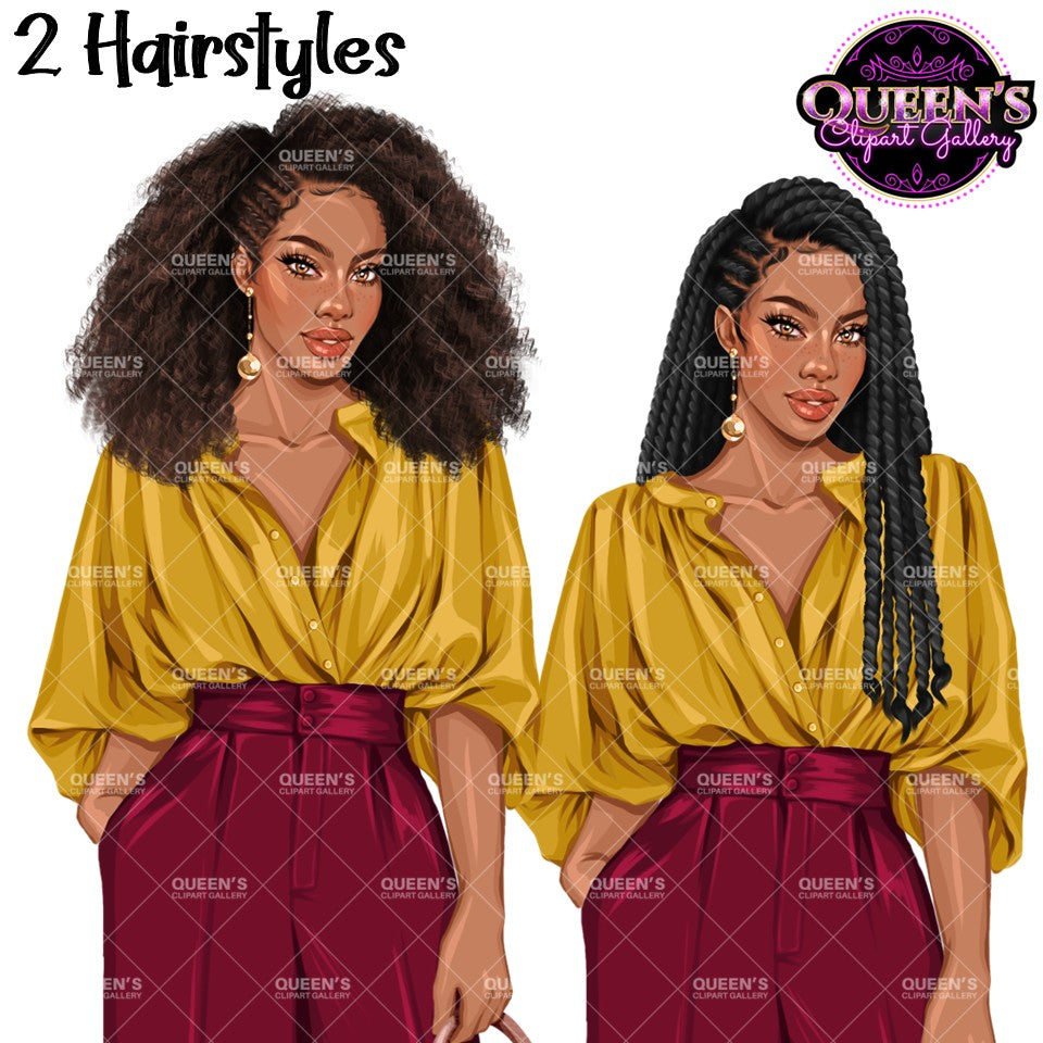 Professional Black woman clipart with voluminous natural Afro hair and long black braids, yellow blouse and burgundy pants, transparent background PNG.