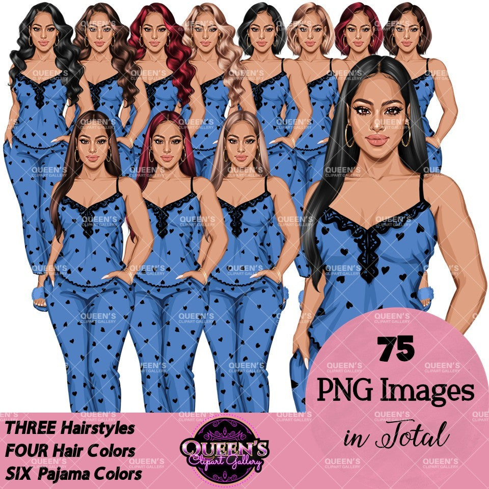Non-African American white pajama girl clipart PNG featuring a stylish woman in heart print blue sleepwear with multiple hairstyles, hair colors, pajama color variations, and transparent background. Woman clipart PNG, modern female illustration for planners, websites, educational resources, and commercial use.