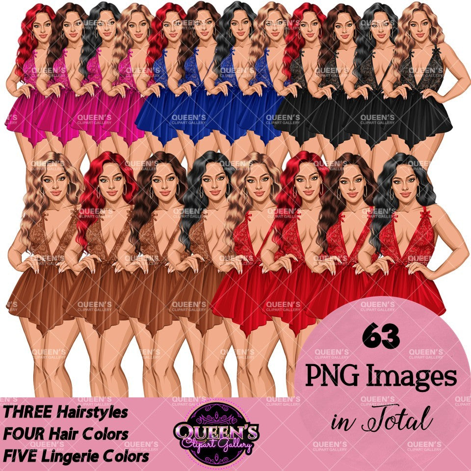 Lingerie clipart PNG featuring a woman in lace lingerie with multiple hairstyles, hair colors, lingerie color variations, and transparent backgrounds. Perfect for planners, websites, digital designs, social media, and commercial projects.