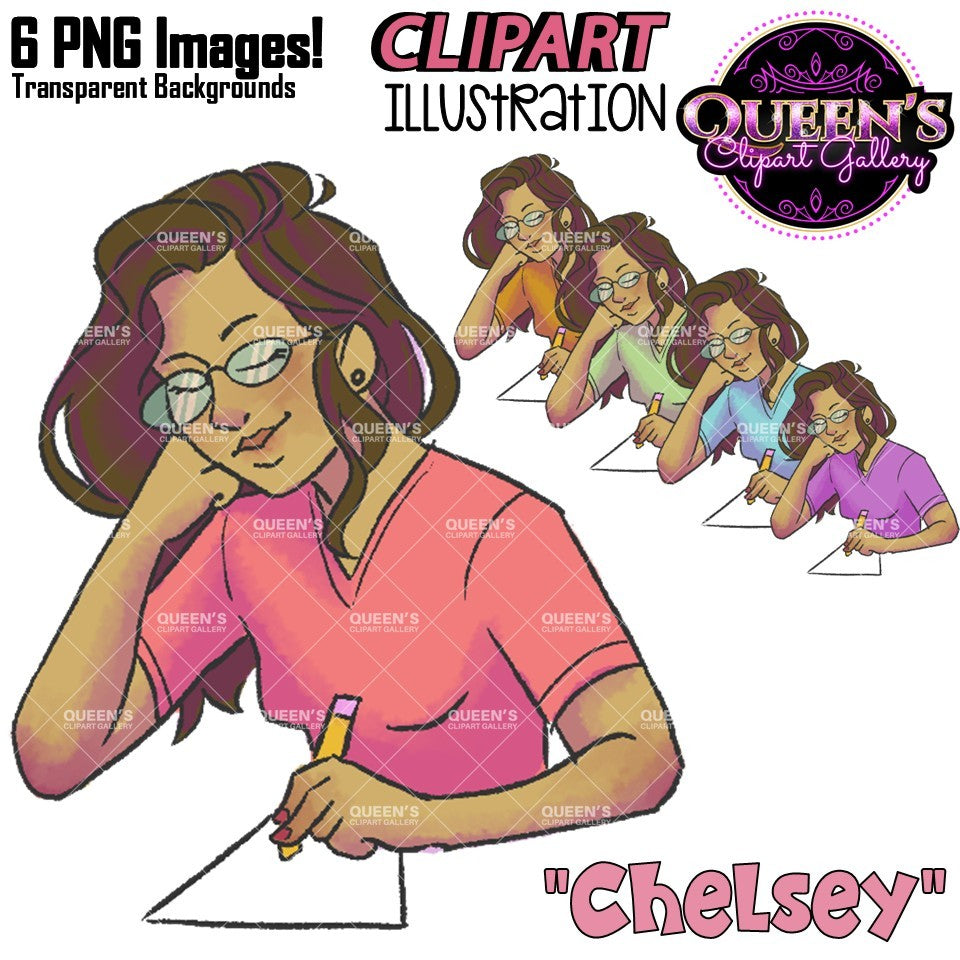 Female student writing clipart with glasses, brown wavy hair, pencil and paper, featuring colorful shirt variations and transparent backgrounds.