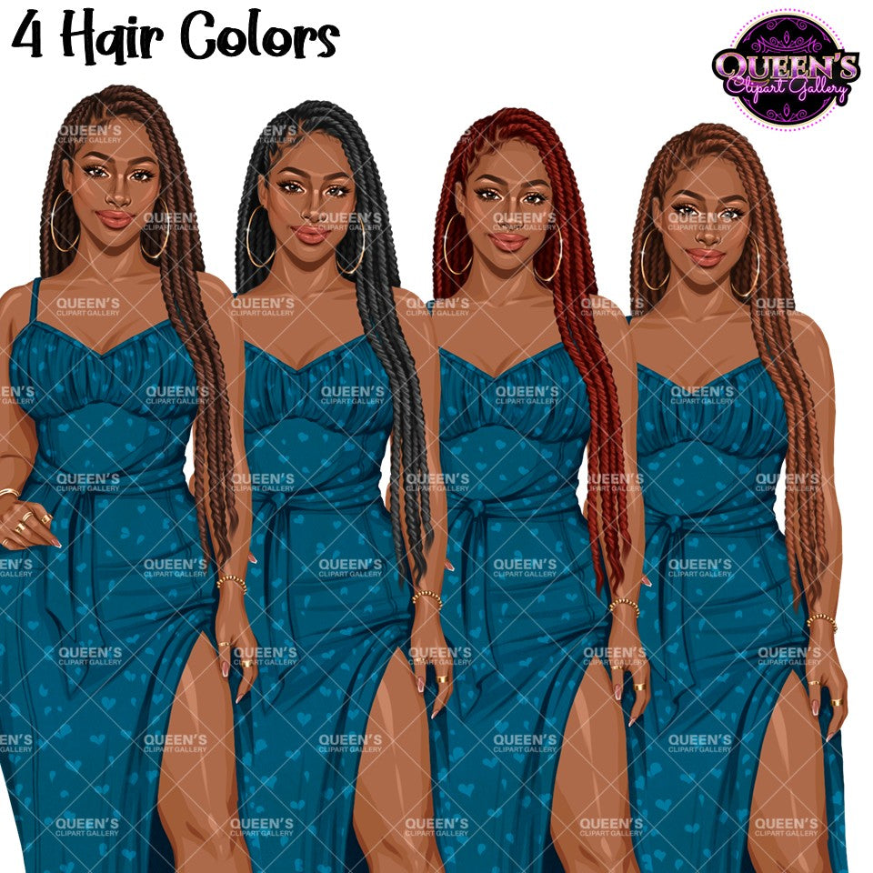 Black woman fashion clipart with long braids in brunette, black, red and auburn hair colors wearing blue midi dresses, PNG images with transparent backgrounds