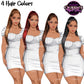 Woman in dress clipart featuring 4 hair color variations with a fitted mini dress and transparent PNG backgrounds.