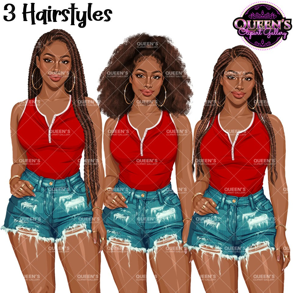 Black woman clipart in denim shorts and red top with long braids, natural afro hair and side braided hairstyles, African American fashion PNG with transparent backgrounds