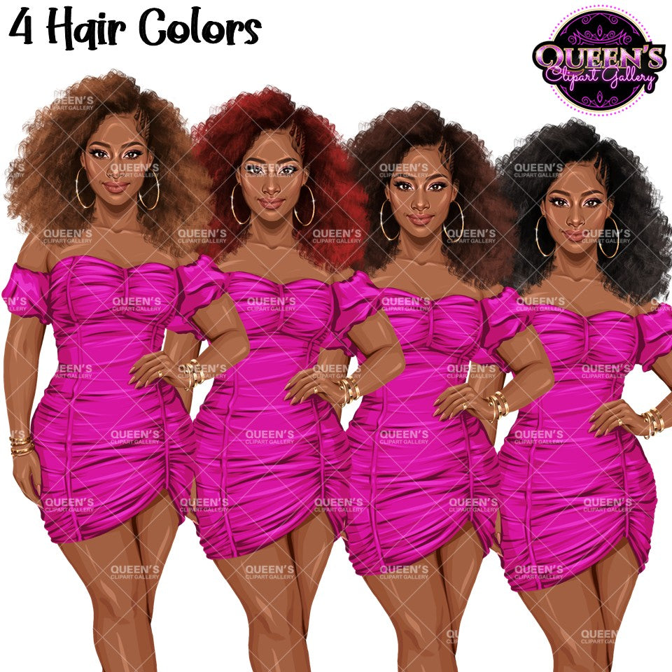 Black woman afro clipart with natural curly hairstyles in brunette, red and black hair colors wearing a bright pink ruched mini dress, PNG with transparent backgrounds