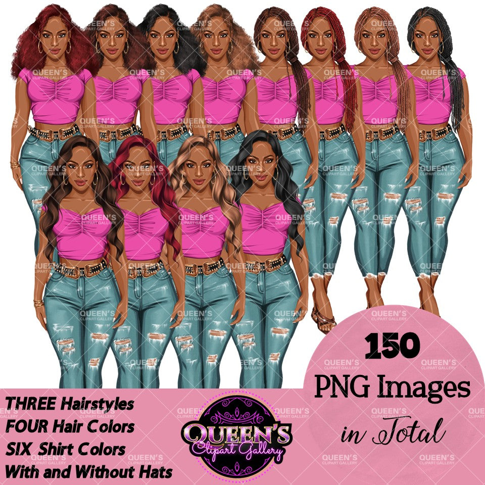 Afro Fashion Girl Clipart PNG | Western Cowgirl Clipart | Black Woman Fashion Illustration | Denim Girl Clipart | Fashion Girl Clipart