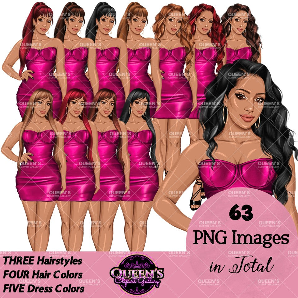 Digital fashion girl clipart pack featuring illustrated women wearing pink strapless mini dresses.