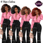 Black woman Afro clipart featuring brown, black, auburn and red natural hairstyles, pink blouse, black wide leg pants and handbag.