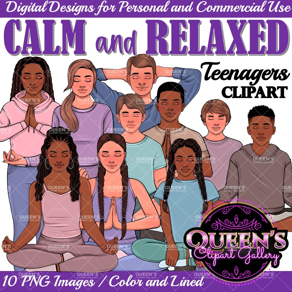 Relaxed High School Teenagers | Calm Teenagers Clipart | Mindfulness Teens Clipart | Yoga Clipart | Mental Health Clipart | Fitness Clipart