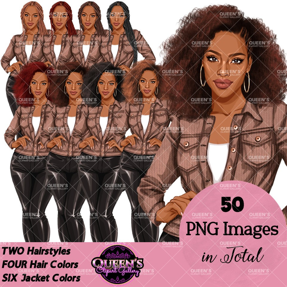 Digital clipart  featuring a stylized African American woman in a brown button-up jacket and black pants.  Fashion woman clipart PNG featuring a stylish woman wearing a casual jacket with 2 hairstyles, 4 hair colors, 6 jacket color variations, and transparent background.