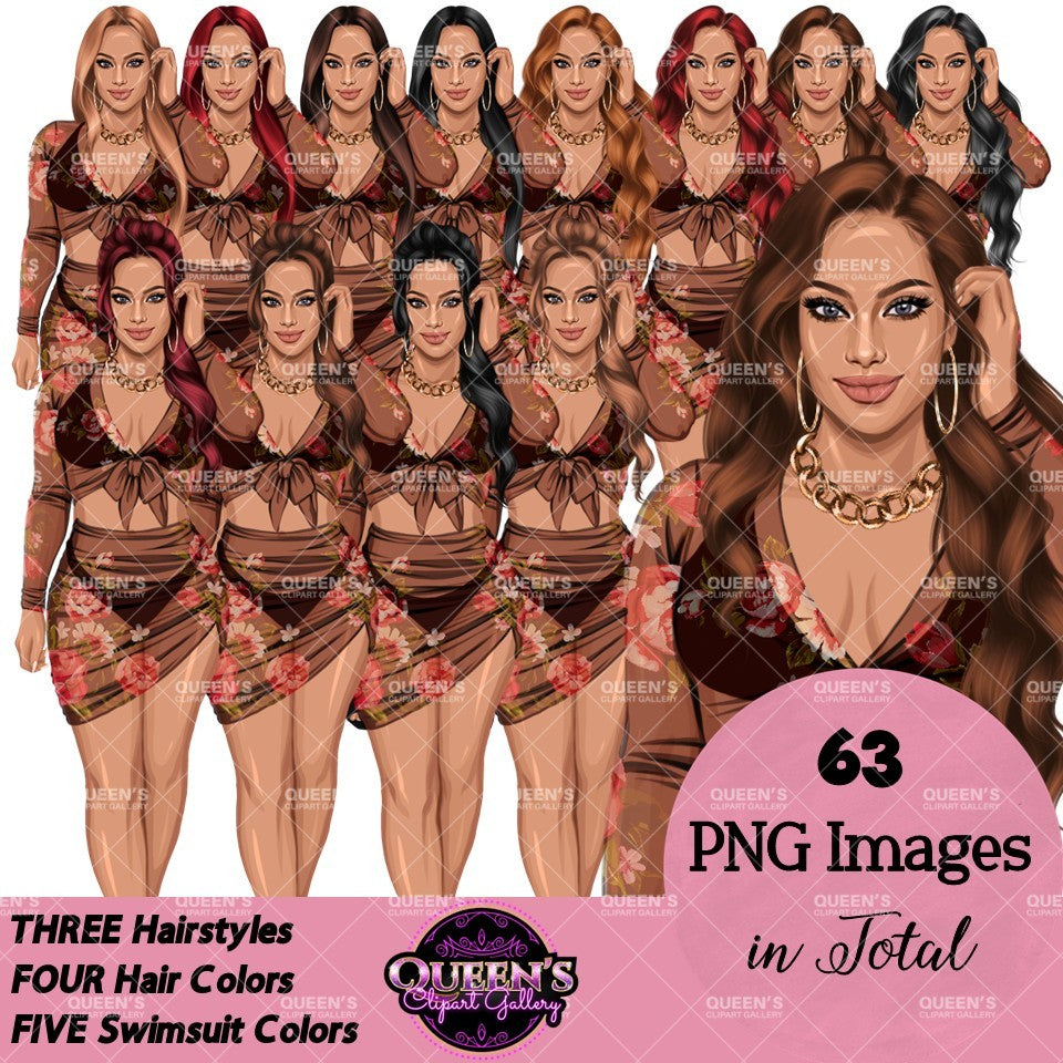 Floral swimsuit clipart PNG featuring a stylish  woman in a floral bathing suit with sheer cover-up, multiple hairstyles, hair colors, outfit color variations, and transparent background. Fashion woman clipart PNG, stylish female illustration for planners, websites, branding, and commercial use.