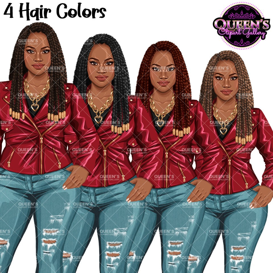 Black woman braided hair clipart in four hair colors wearing red leather jacket and jeans PNG with transparent background.
