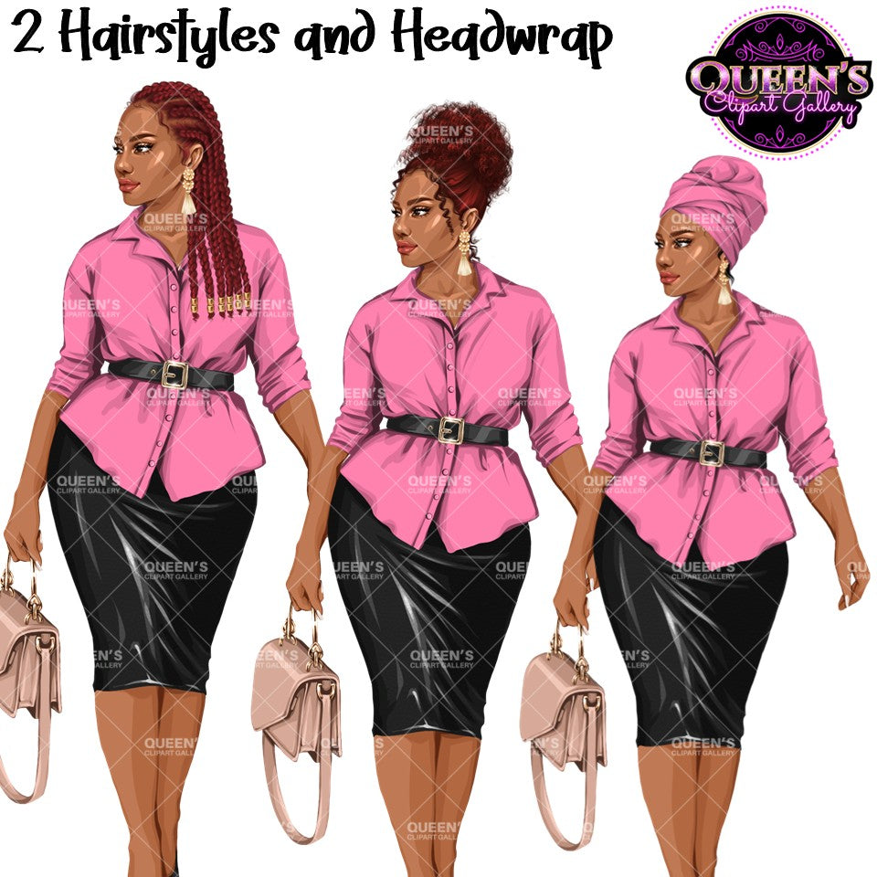 African American business woman clipart featuring braids, natural curly hair, and headwrap hairstyle options with professional office attire and handbag.