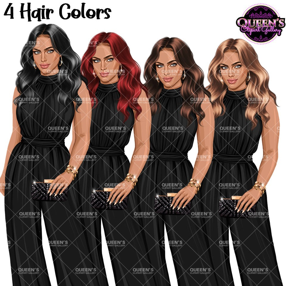 Fashion woman clipart with long wavy hairstyles in black, red, brunette, and blonde hair colors, elegant black high-neck jumpsuit, clutch purse, and transparent background.