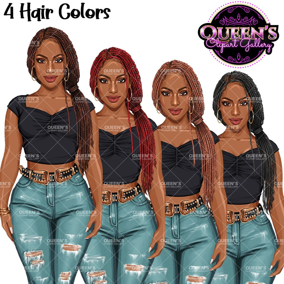 Afro Fashion Girl Clipart PNG | Western Cowgirl Clipart | Black Woman Fashion Illustration | Denim Girl Clipart | Fashion Girl Clipart