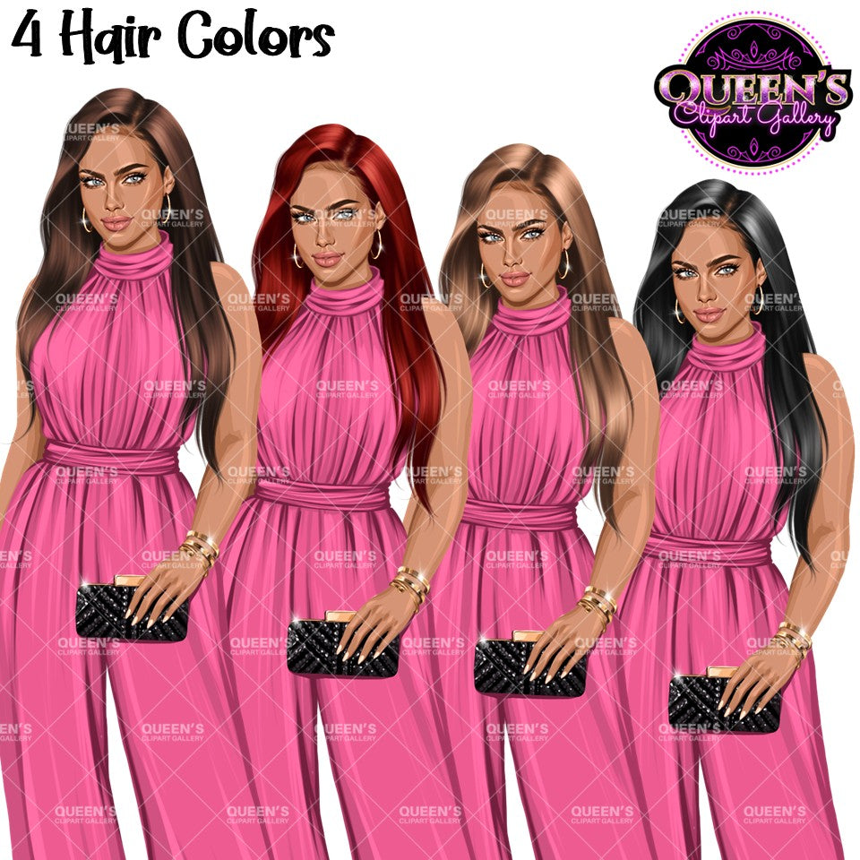 Fashion woman clipart with long wavy hairstyles in black, red, brunette, and blonde hair colors, elegant pink high-neck jumpsuit, clutch purse, and transparent background.