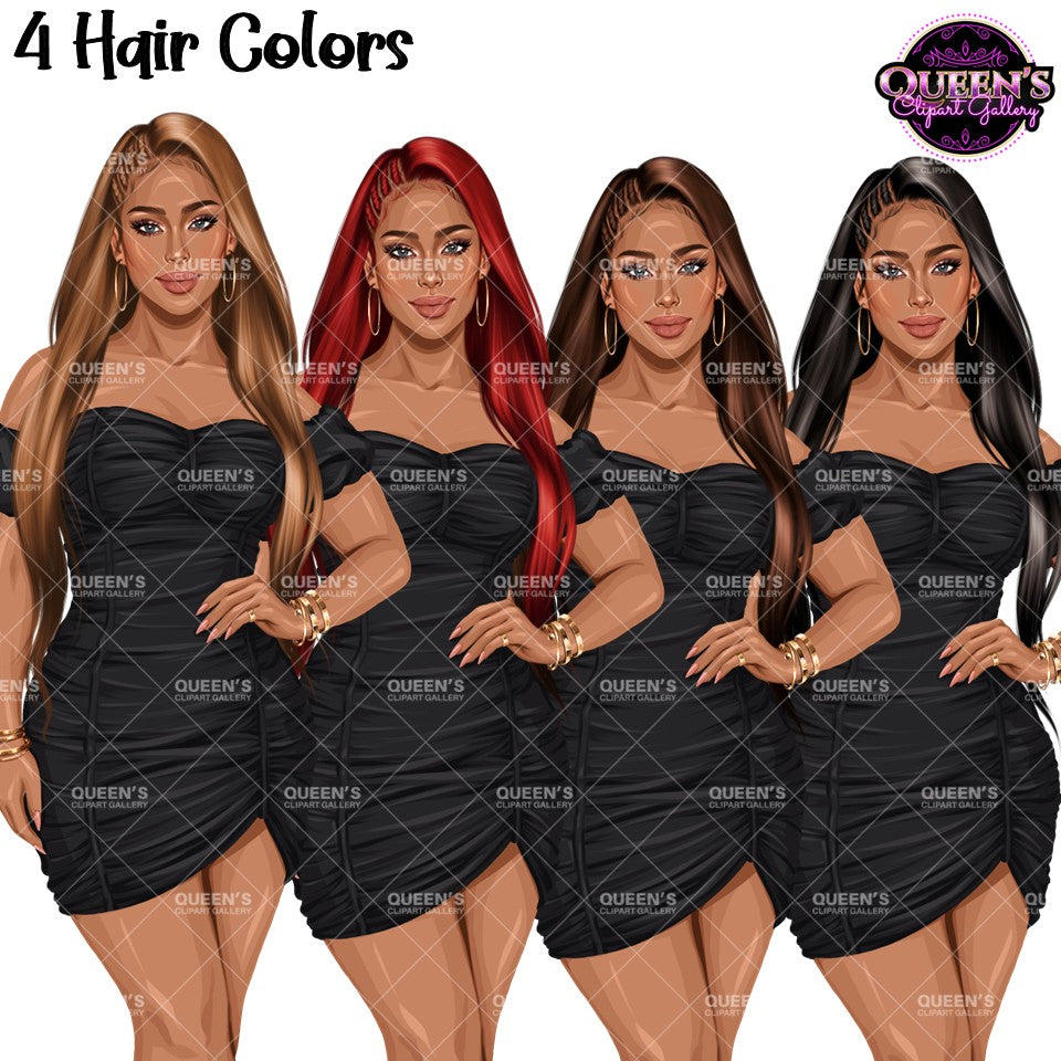 Woman clipart with long straight blonde, red, brunette and black hairstyles wearing elegant black mini dresses with transparent backgrounds.