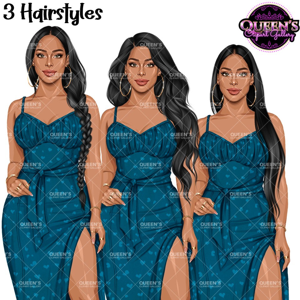 Fashion woman clipart wearing blue heart print midi dresses with side slits, featuring braided, wavy and straight hairstyles, PNG images with transparent backgrounds